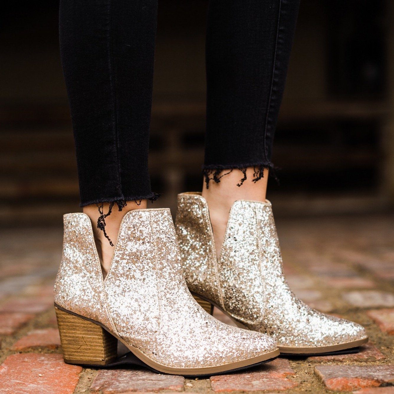Fiera Glitter Booties Gold 3 Inch Heel Rubber Sole Women Naughty Monkey